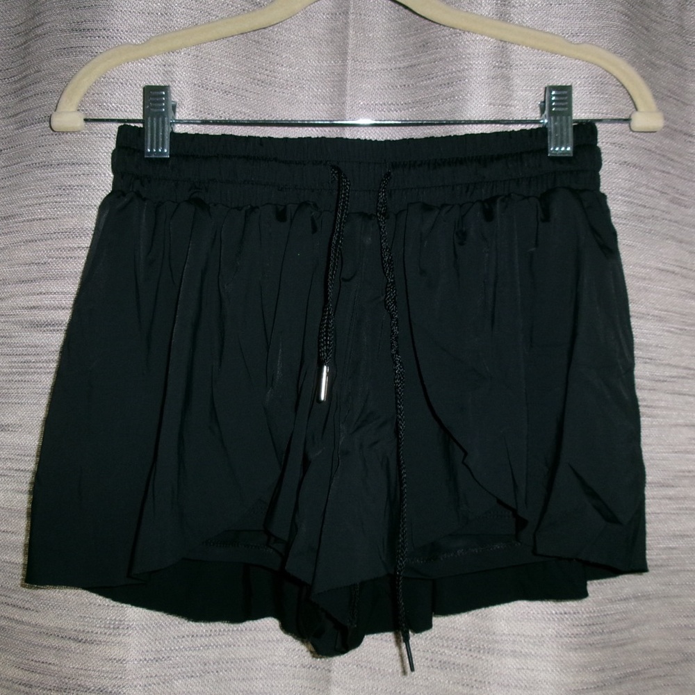 Women's Black Athletic Ruffle-Trim Shorts with Drawstring Waist